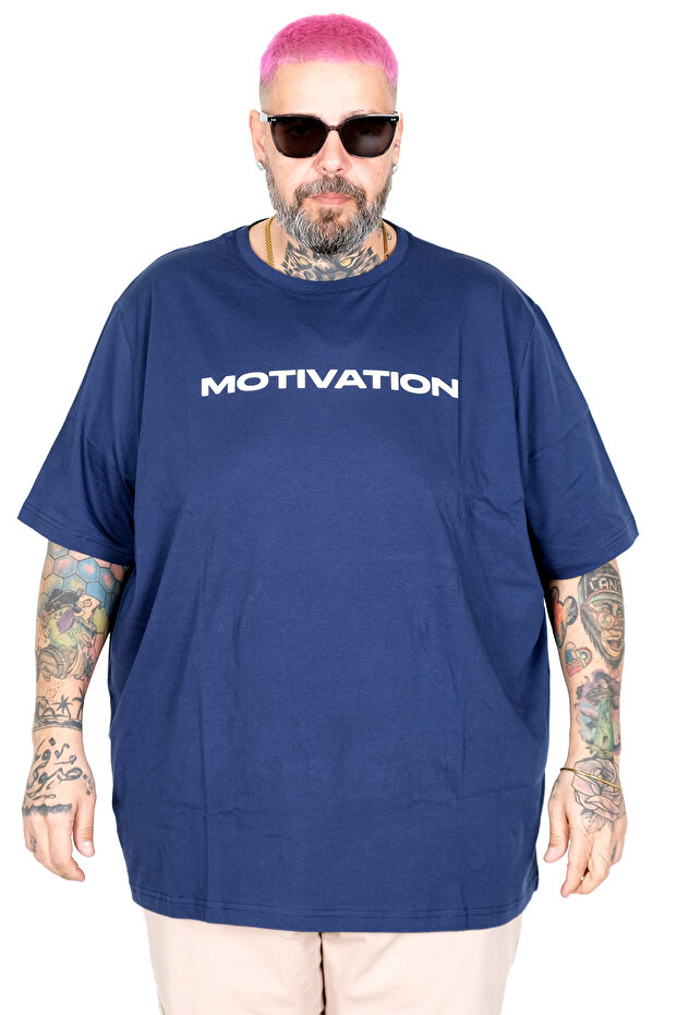 Mode XL Large Size T-Shirt Bıs Yaka Wanted U26113 Indigo