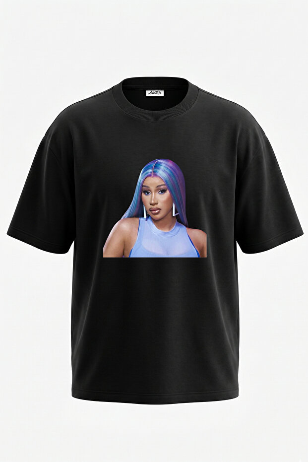 Cardi B_19 Design Printed Unisex Oversize Black Tshirt