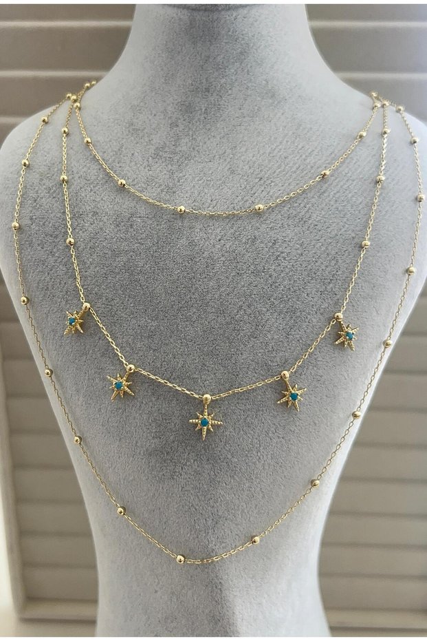 Gold Color Multi-Layered Star Pendant Turquoise Stone Detailed Bead Chain Necklace Women's Stylish Elegant Combination Jewelry Daily & Special Occasion