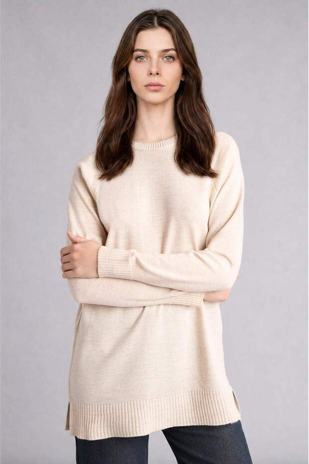 Regular Fit Crew Neck Light Beige Melange Knitwear Tunic C4474Ax26Au