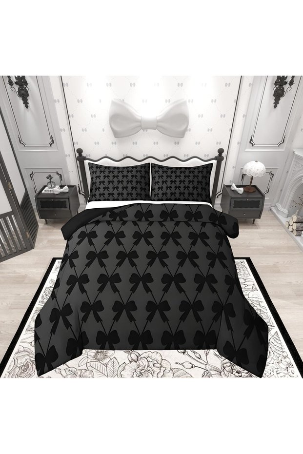 Cute Bow Duvet Cover Double Duvet Cover Black Bow Kawaii Bedding Set Breathable Soft Lightweight Microfiber Princess Bedroom Decoration