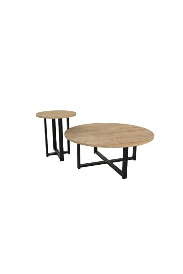 Mesa 2‑Piece Modern Wooden Coffee Table Set – Round Center Tables with Black Metal Legs and Side Table