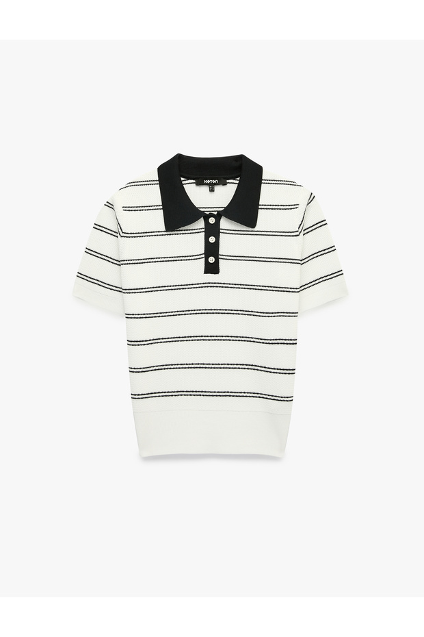 Regular Fit Buttoned Short Sleeve Polo Collar Striped Knitwear T-Shirt