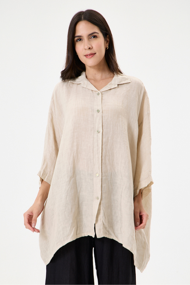 Women's Beige Italian 100% Linen Plus Size Poncho Linen Shirt Size 42 - 52