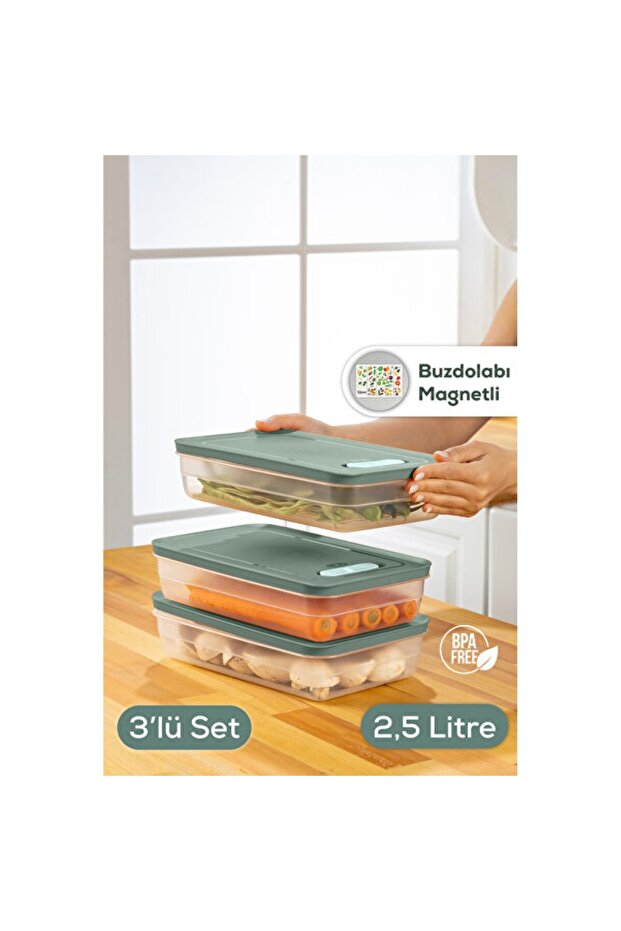 3-Piece Adjustable Green Fruit and Vegetable Storage Container, 2.5 L