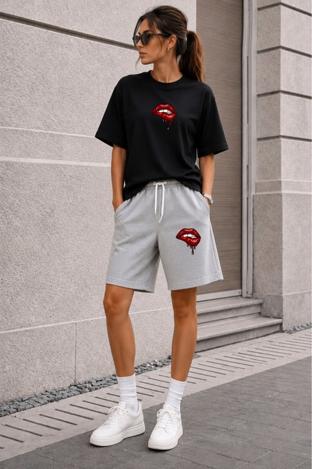 Oversize Women's Shorts Set Crew Neck Short Sleeve T-Shirt Shorts 2-Piece Casual Summer Combination Lip Print