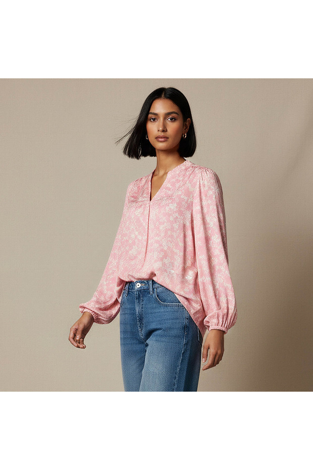Regular Fit Viscose Mandarin Neck Top with Floral Print