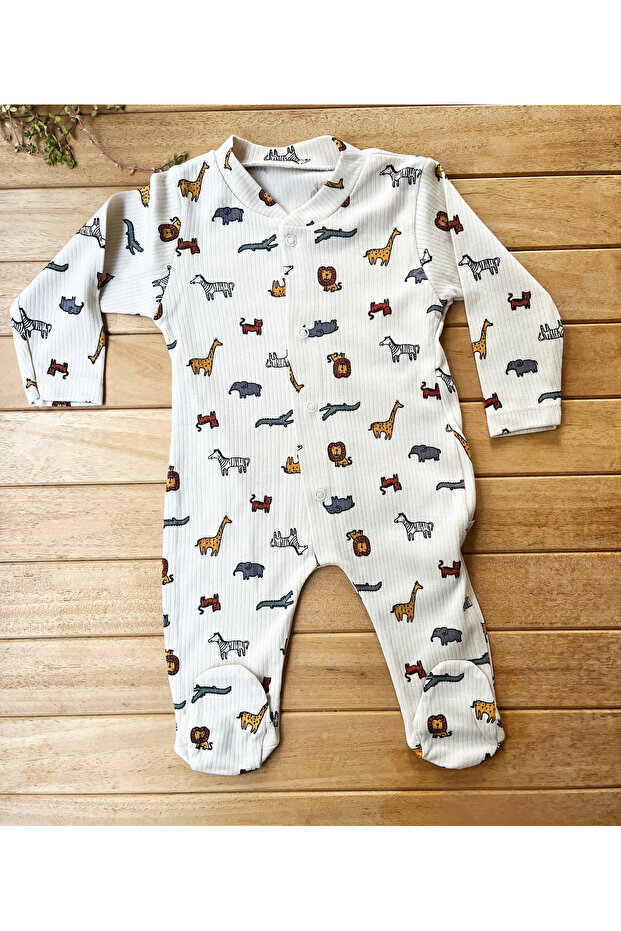 Animal Kingdom Patterned 100% Cotton Ribbed Textured Snap Fastener Long Sleeve Ribbed Baby Romper