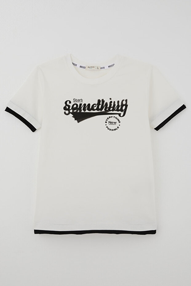 Boy's Short Sleeve Layered T-Shirt with Embossed Lettering Print, Ages 8-14, Ecru