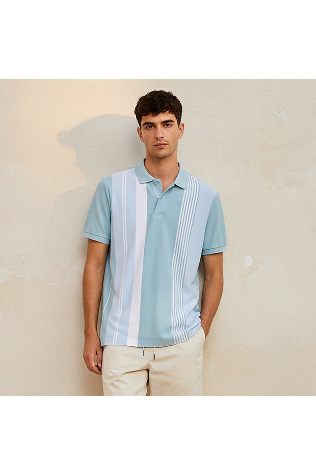 Men Short Sleeves Striped Pique Polo T-shirt