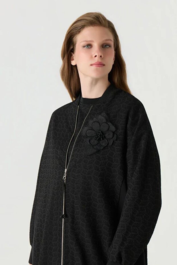 Zühreçiçek Brooched Zippered Jacquard Mint Jacket Black 0162