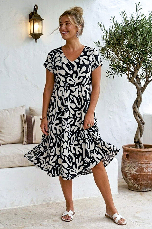 Black-And-White V-Neck Short-Sleeved Patterned Casual Viscose Woven Dress 113 64