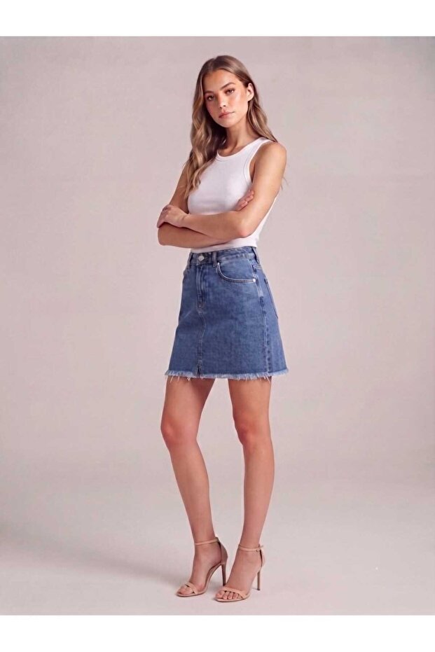 Blue Mini Skirt with Tassels at the Hem Denim Skirt