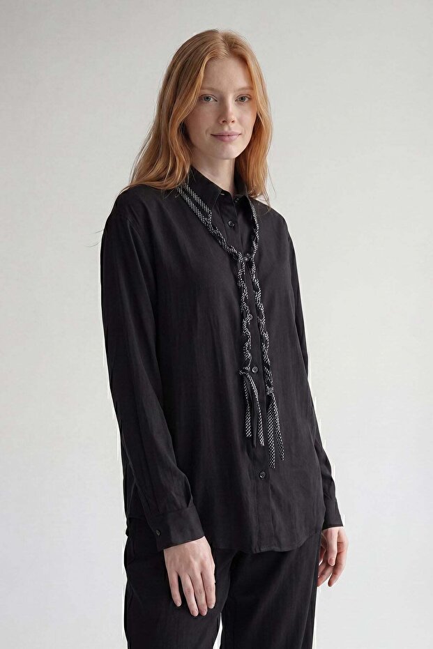 Black Knitted Lace Detailed Poplin Shirt