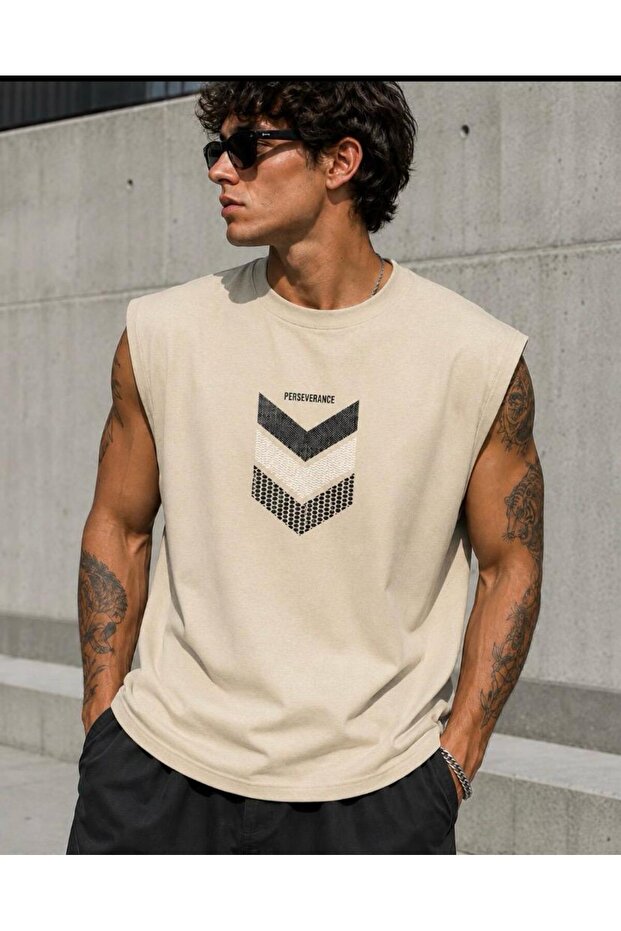 Bej Perseverance Printed Sleeveless Tshirt Men's Zero Sleeve Clothing Sportswear T-Shirt