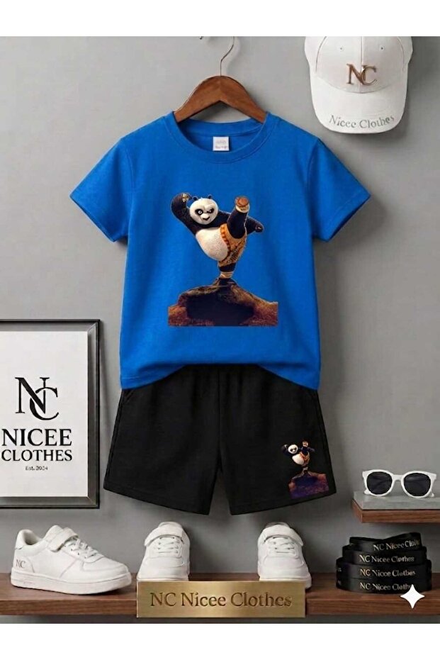 Summer Children's T-Shirt Shorts Unisex (Kicking Panda Printed)