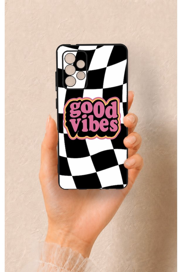 Samsung-A72 Compatible Black Good Vibes Patterned Silicone Case