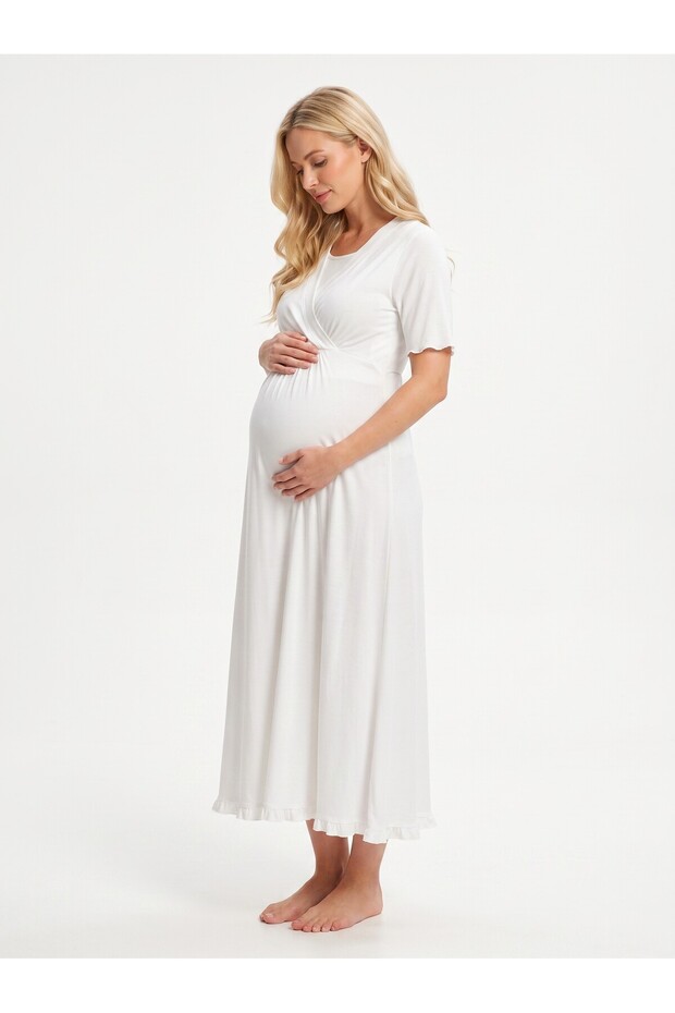New Season Ecru Summer Double-Breasted Collar with Breastfeeding Feature 100% Cotton Design Short Sleeve Maternity Nightgown