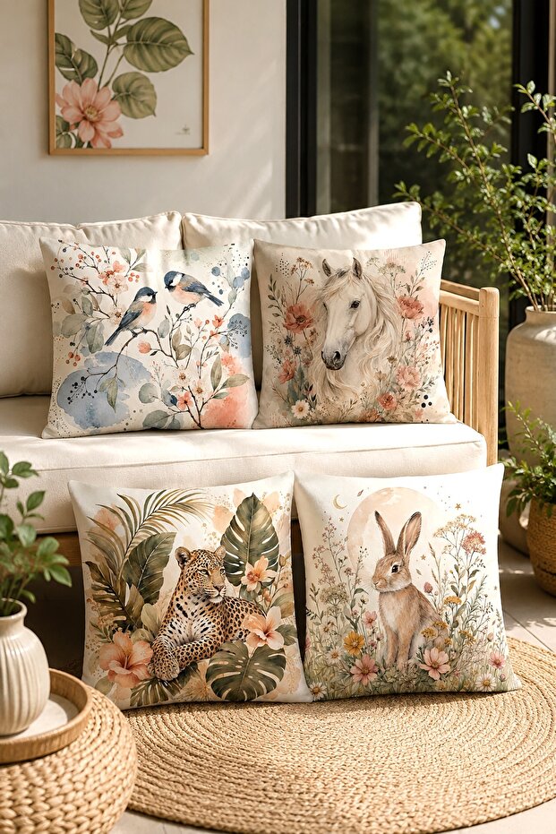 Bird, Horse, Rabbit, Leopard Patterned 4-Piece Throw Pillow Cover Set