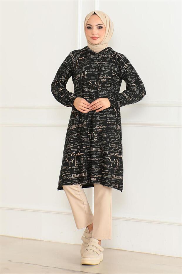 Patterned Hooded Sports Tunic Black Vison