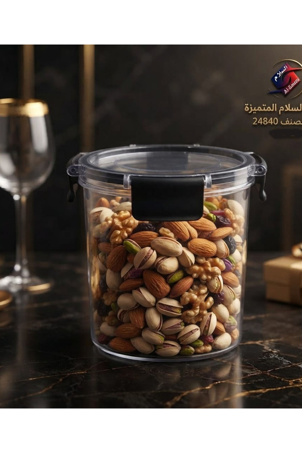 حاوية تخزين طعام بلاستيكية دائرية وشفافة من شركة السلام، تحمل رقم صنف 24840.