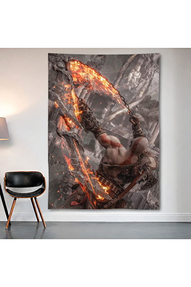 God of War Kratos Wall Covering Wall Tapestry First Quality Satin Fabric Poster
