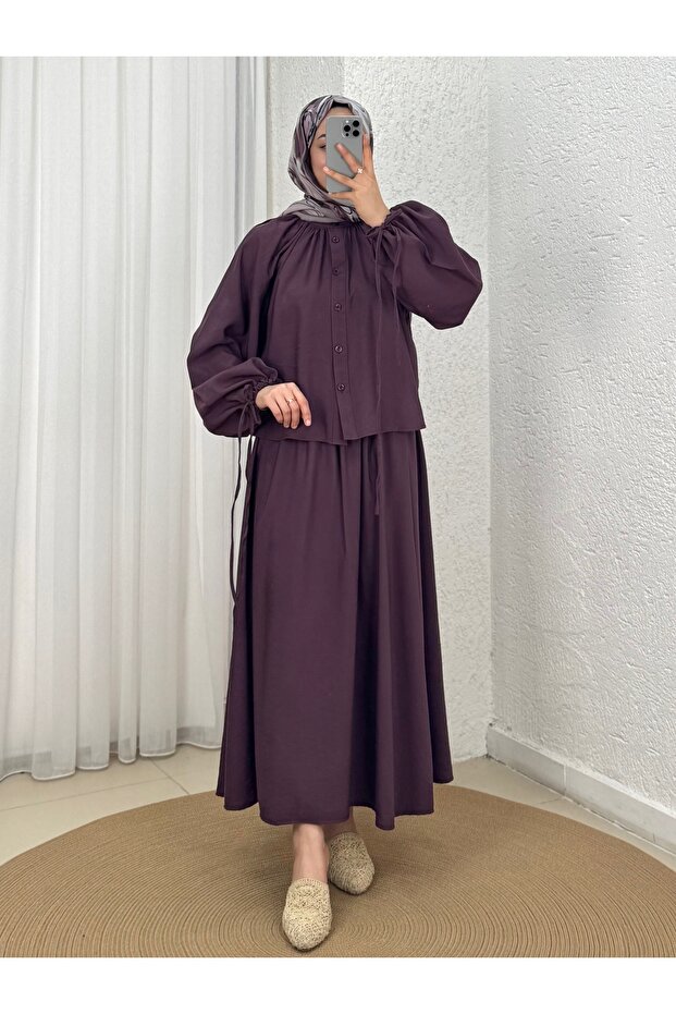 Yağmurnur Gathered Collar Lace-Up Skirt Suit-Ek625 Plum