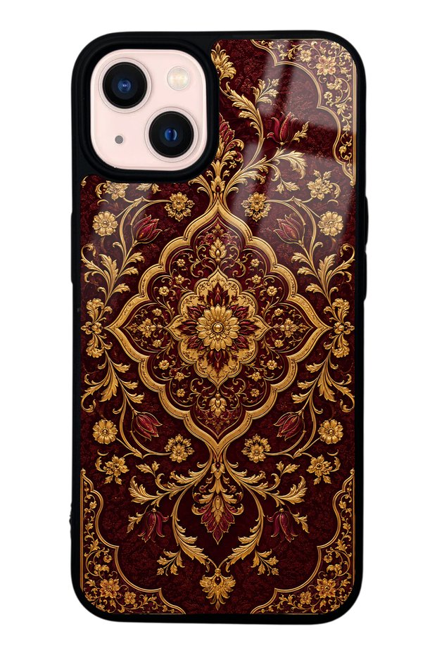 iPhone 13 Burgundy Glossy Phone Case with Ottoman Gold Design