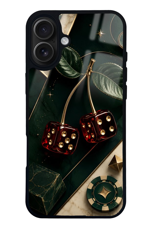 iPhone 16 Plus Emerald Casino Cherry Design Glossy Phone Case