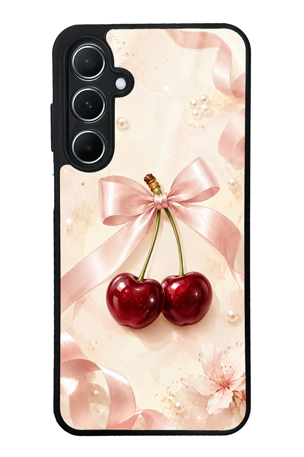 Samsung A55 Glossy Phone Case with Cherry Pearl Ribbon Design