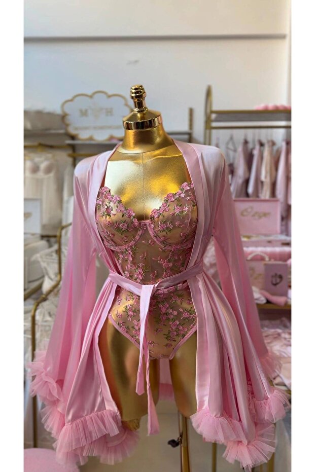 Pink Satin Dressing Gown Floral Jumpsuit