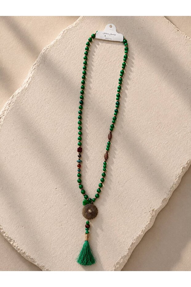 Women's Wooden Tip Tassel Detailed Bohemian Necklace