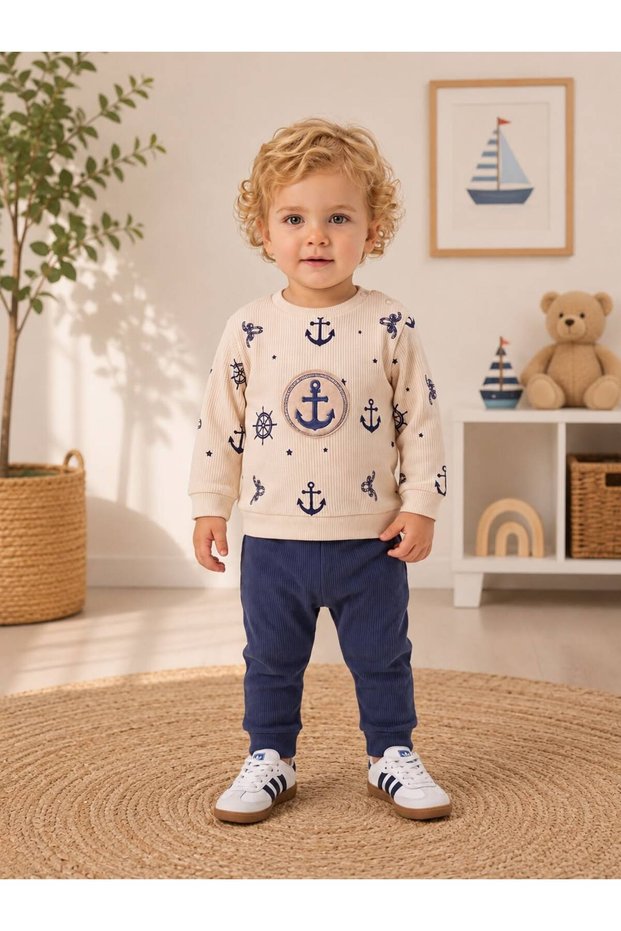 Anchor Patterned 100% Cotton Soft Textured Men's Crew Neck Top and Bottom Baby Kids Set