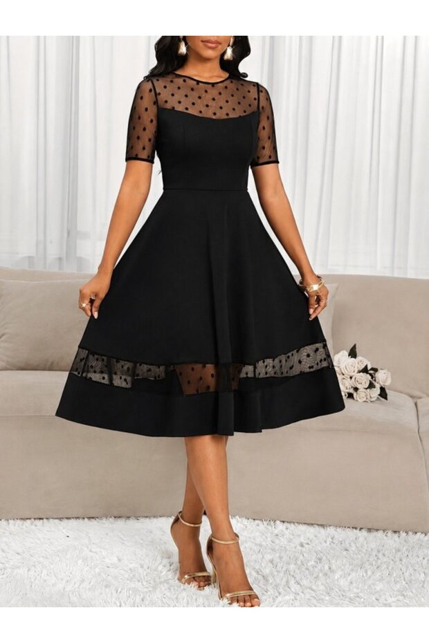 Women's Short Sleeve Crew Neck Polka Dot Tulle Detailed Midi Janjan Crepe Dress
