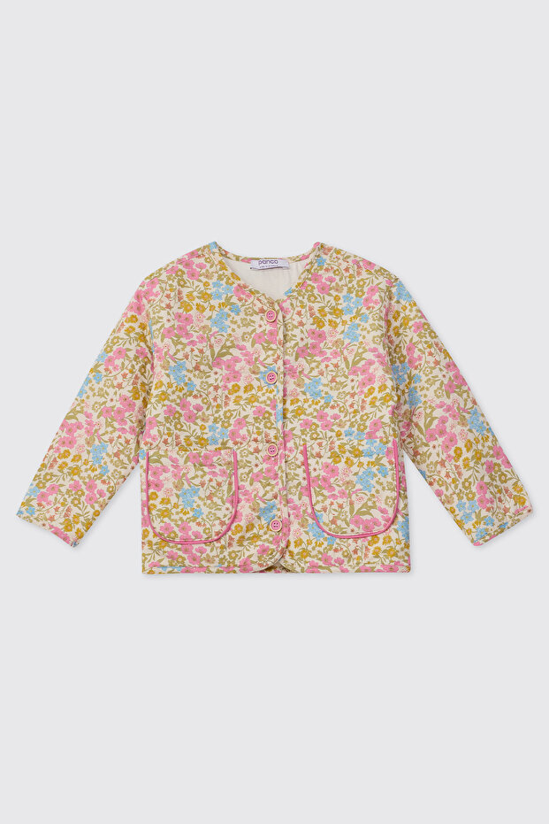 Baby Girl Crew Neck Floral Patterned Pink Jacket
