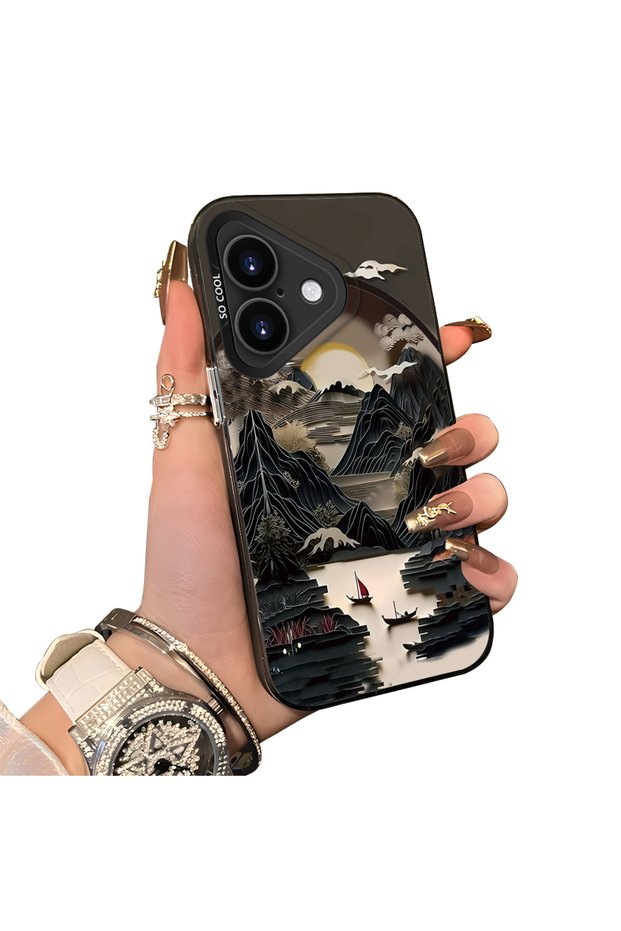 iPhone 17 Compatible Silicone Edge Hard Back Case Couple Phone Case with Landscape Pattern