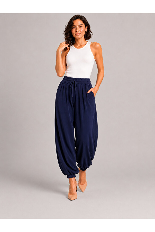 Women's Modal Fabric Shalwar Cut High Waist Pocketed Elastic Cuffed Loose Trousers Style Sweatpants