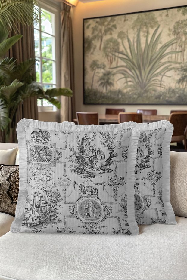 Vintage Toile De Jouy Fringed Pillowcase - Classic Pastoral Gray Cream Mink Tassel Throw Pillow Cover