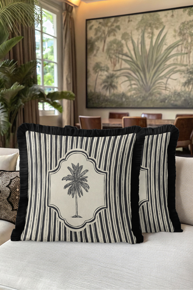 Tropical Palm Striped Fringed Pillowcase-Exotic Bohemian Black Cream Black Tassel Throw Pillow Cover