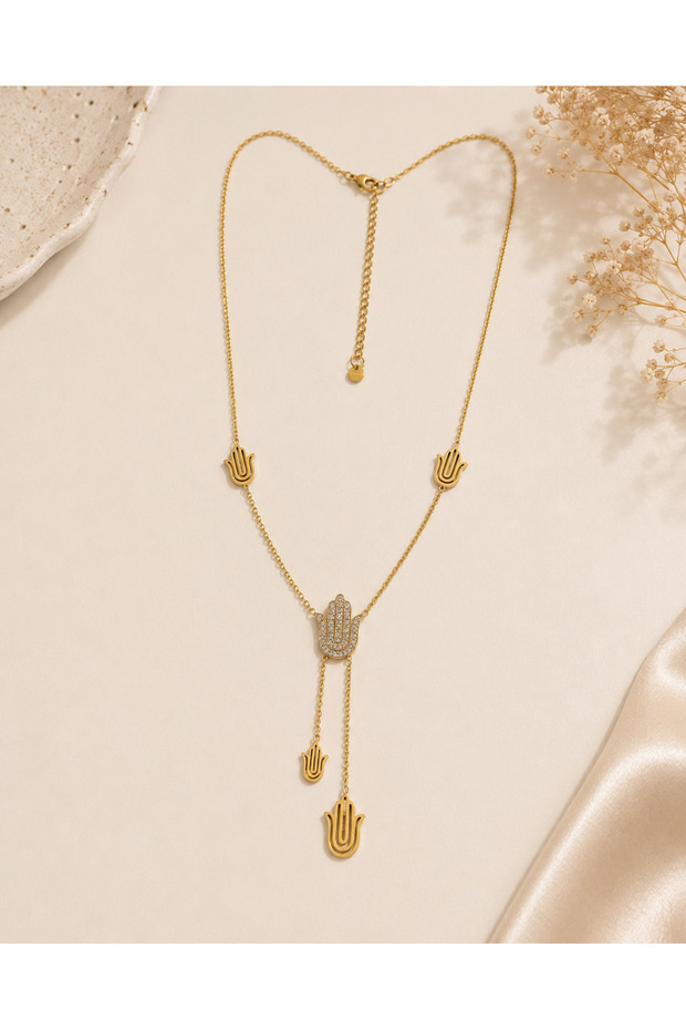 Gold Steel Necklace with Fatma Ana Hand Figure and Zircon Stones