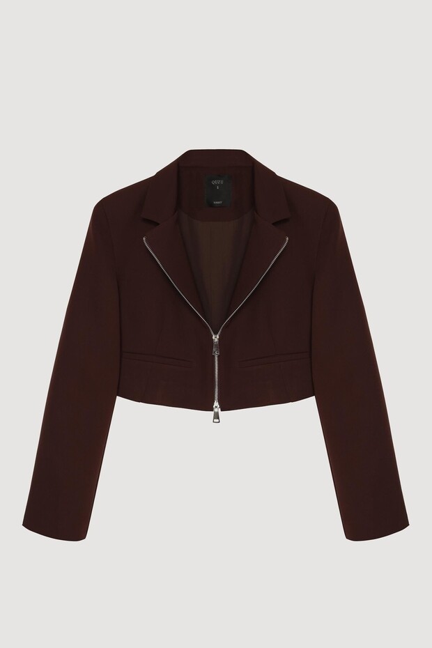 Front Zipper Crop Blazer Jacket Brown
