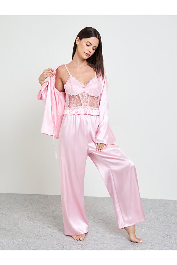 Pink Pack Of 3 - Satin Lace Cami, Robe And Pyjama Set