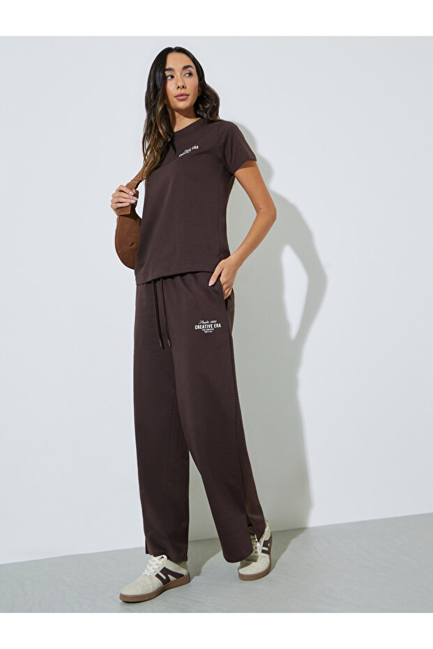 Coffee Brown Text Print Cotton Blend T-Shirt and Joggers Co-ord Set