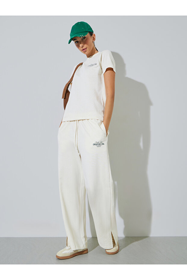 Cream Text Print Cotton Blend T-Shirt and Joggers Co-ord Set