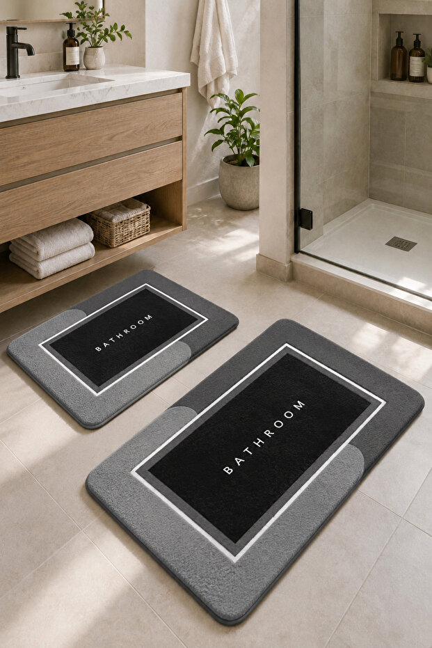 Non-Slip Based Washable 2-Piece Plain Black Bath Mat and Toilet Set – Modern Bathroom Rug
