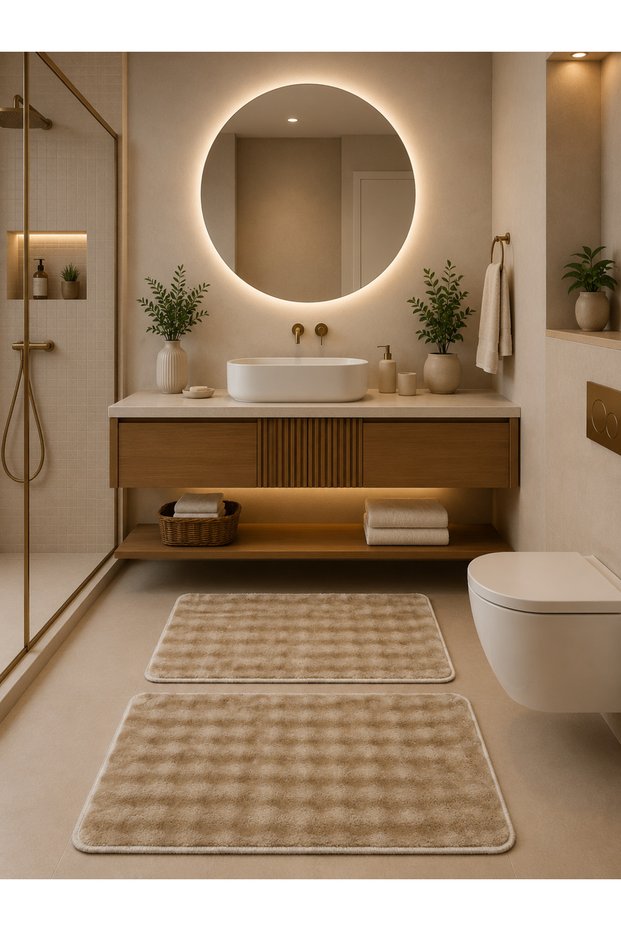 Bubble Plush Bath Mat Toilet Mat Set of 2 Washable Color Beige Non-Slip Base Without Fringe50X80(Square)60X100(Square)
