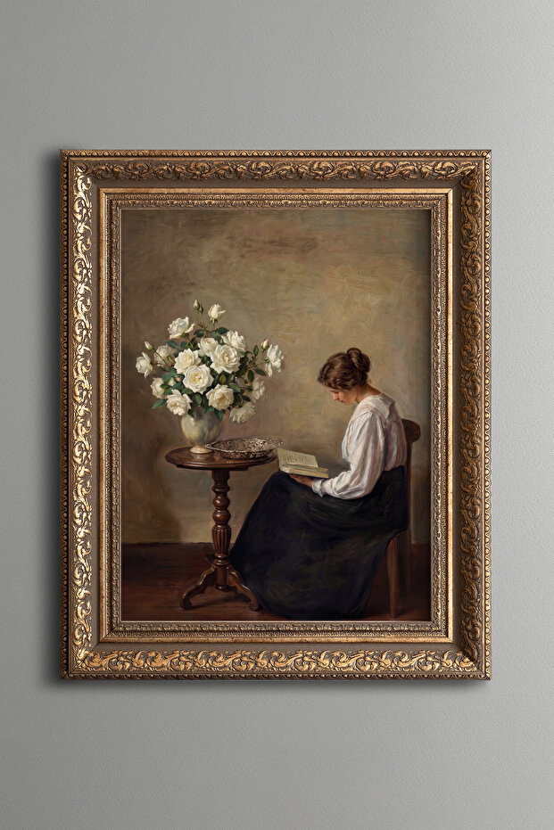 Woman Reading a Book and White Roses - Vintage Patterned Painting - Thick Model