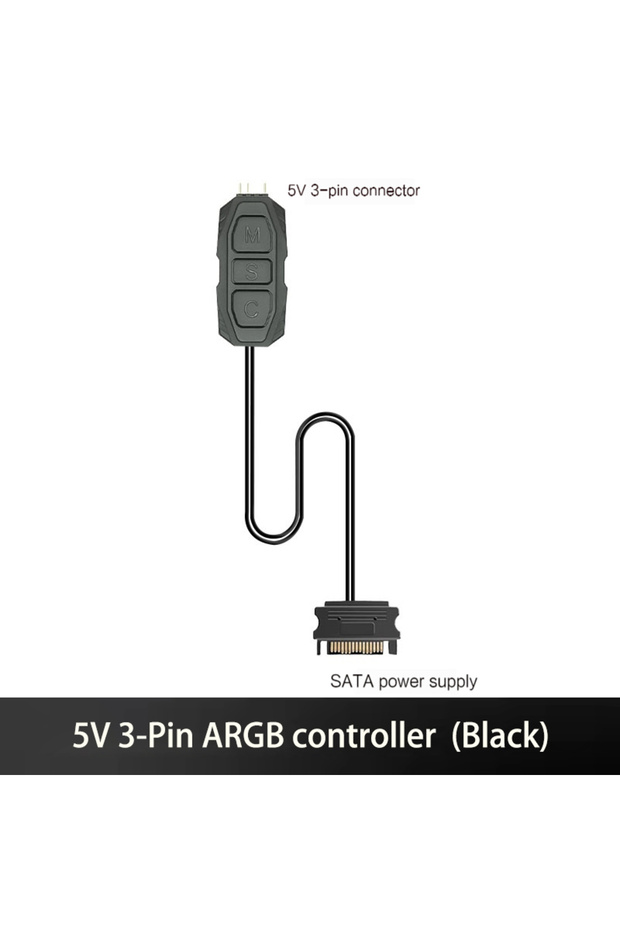 وحدة تحكم سوداء 5 فولت 3 دبابيس ARGB مع وصلة طاقة SATA، وحدة تحكم RGB صغيرة لعلبة الكمبيوتر