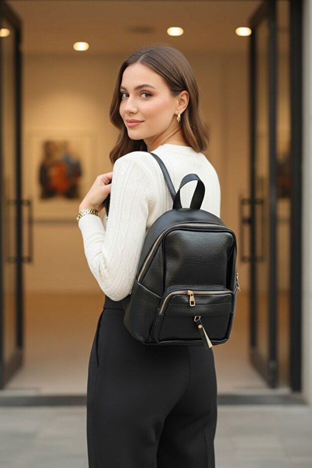Women's Convenient Backpack with Straps and Multiple Front Zipper Pockets