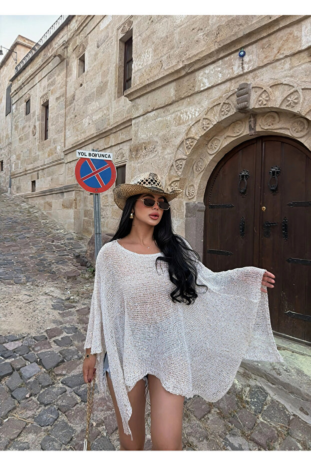 Ecru Stone Boat Neck Poncho